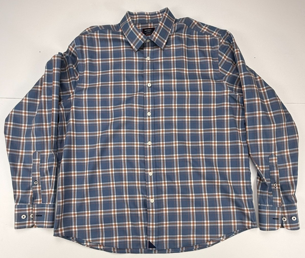 UNTUCKit Mens XL Regular Fit Blue Brown Plaid Shirt 100% Cotton Long Sleeve